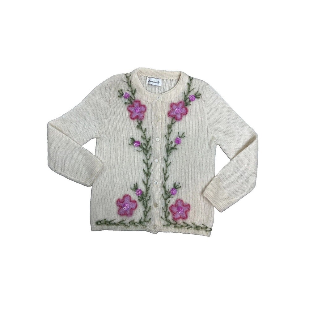 Vintage Jane Irwin Small Floral Mohair Cardigan Embroidered Fuzzy Shaggy